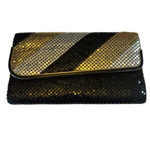 Metallic Mesh Clutch – Black Gold Silver Diagonal Stripe – Metal Trim – 12” Wide